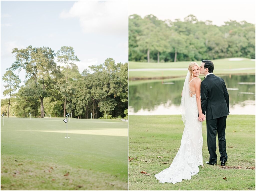 The Woodlands wedding photography of bride and groom after wedding on golf course by the lake.