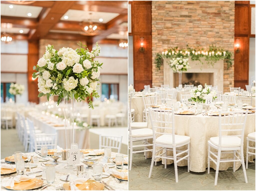 White wedding florals at a Woodlands Country Club wedding reception