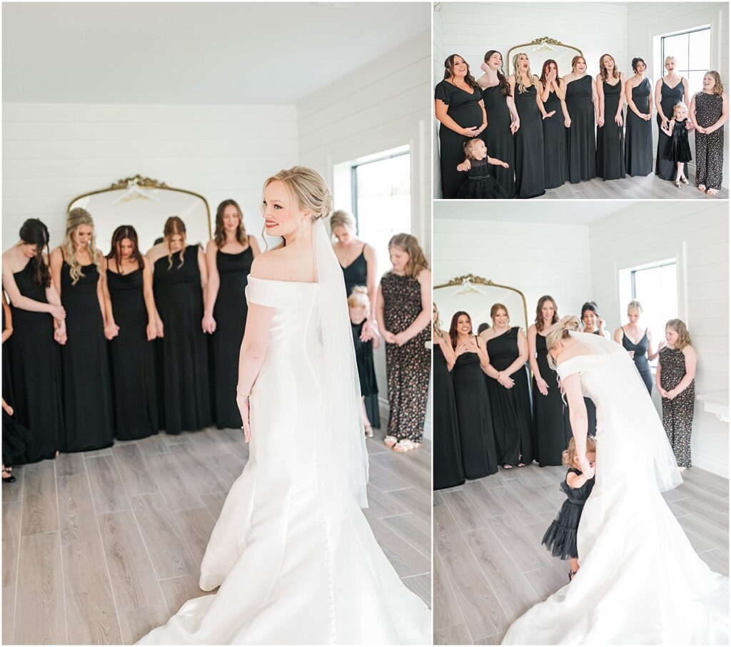 First Look with bridesmaids in the bridal suite at Boxwood Manor
