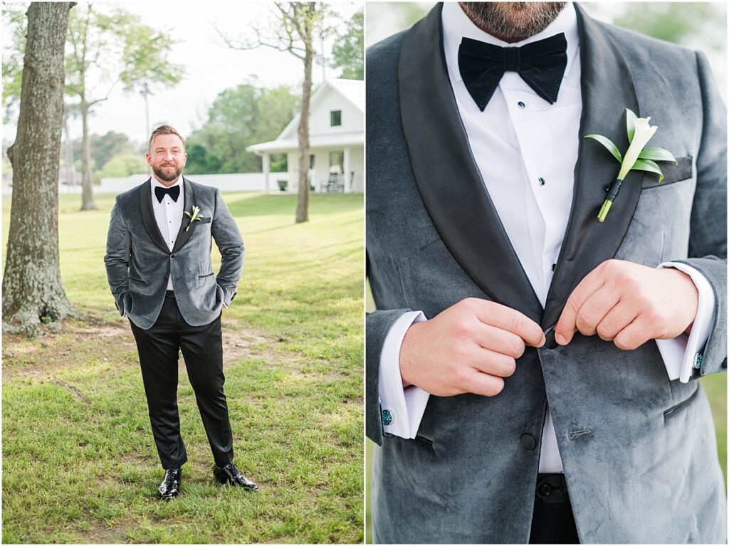 Groom on his wedding day with a grey velvet suit.