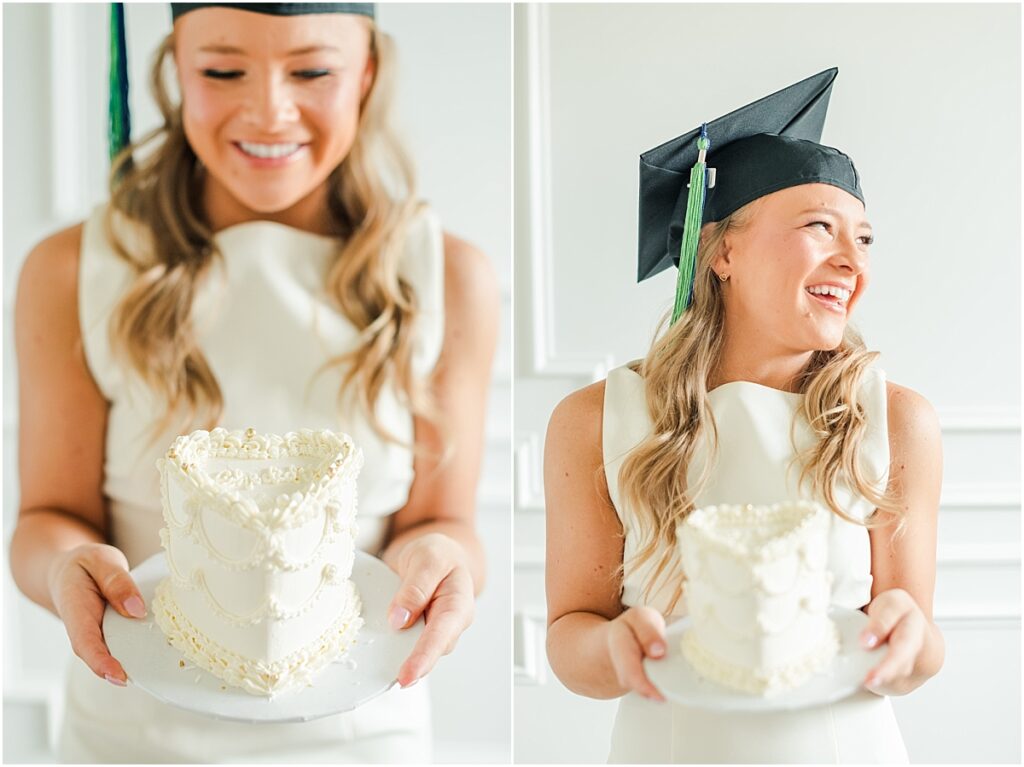 White graduation cake at University of Houston Clear Lake senior pictures