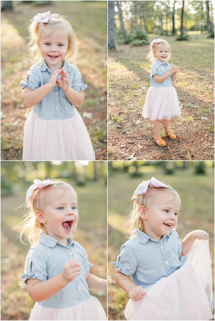 Pictures of a little girl in a pink dress during family pictures in Jacksonville