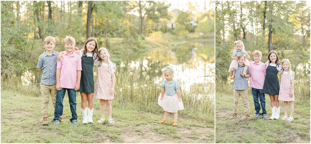 Grandchildren's pictures by a pond during family pictures in Jacksonville