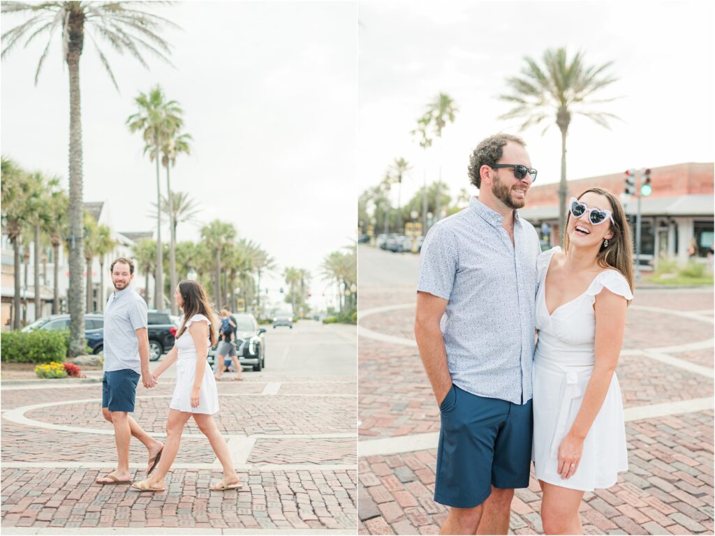 Walking during an engagement session in the beach downtown in Atlantic Beach