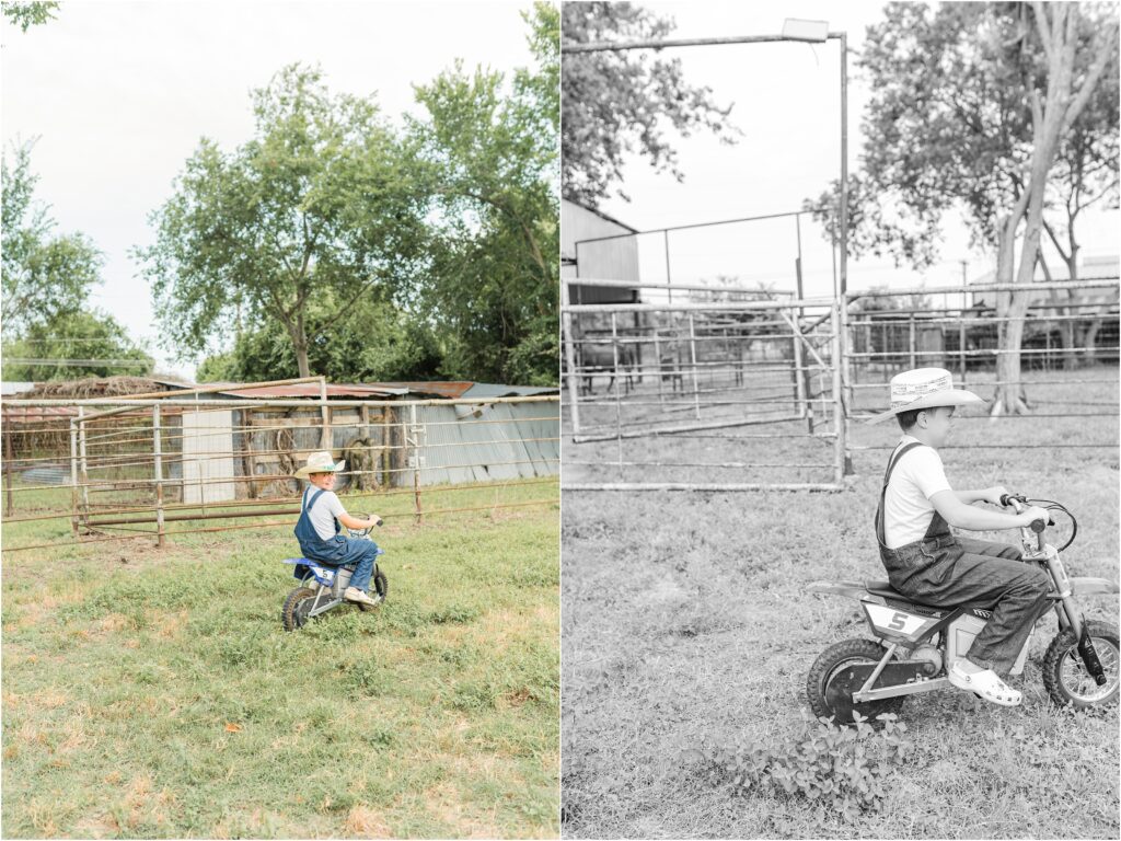 Riding a dirt bike during their Houston family lifestyle session