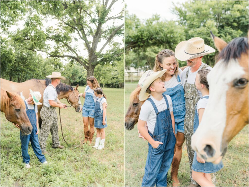 Family pictures with horses on their farm in College Station