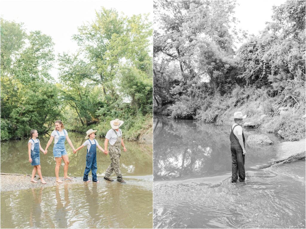 Family pictures at a creek on the farm in Houston