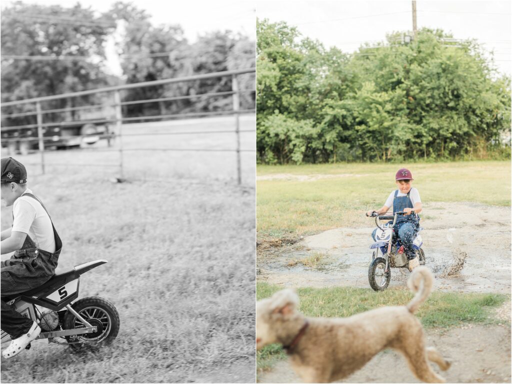 Dirt bike riding with the dog during their Houston family session
