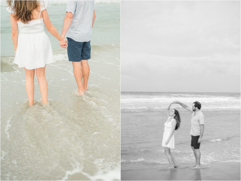 Feet in the ocean at Atlantic Beach for their engagement session.