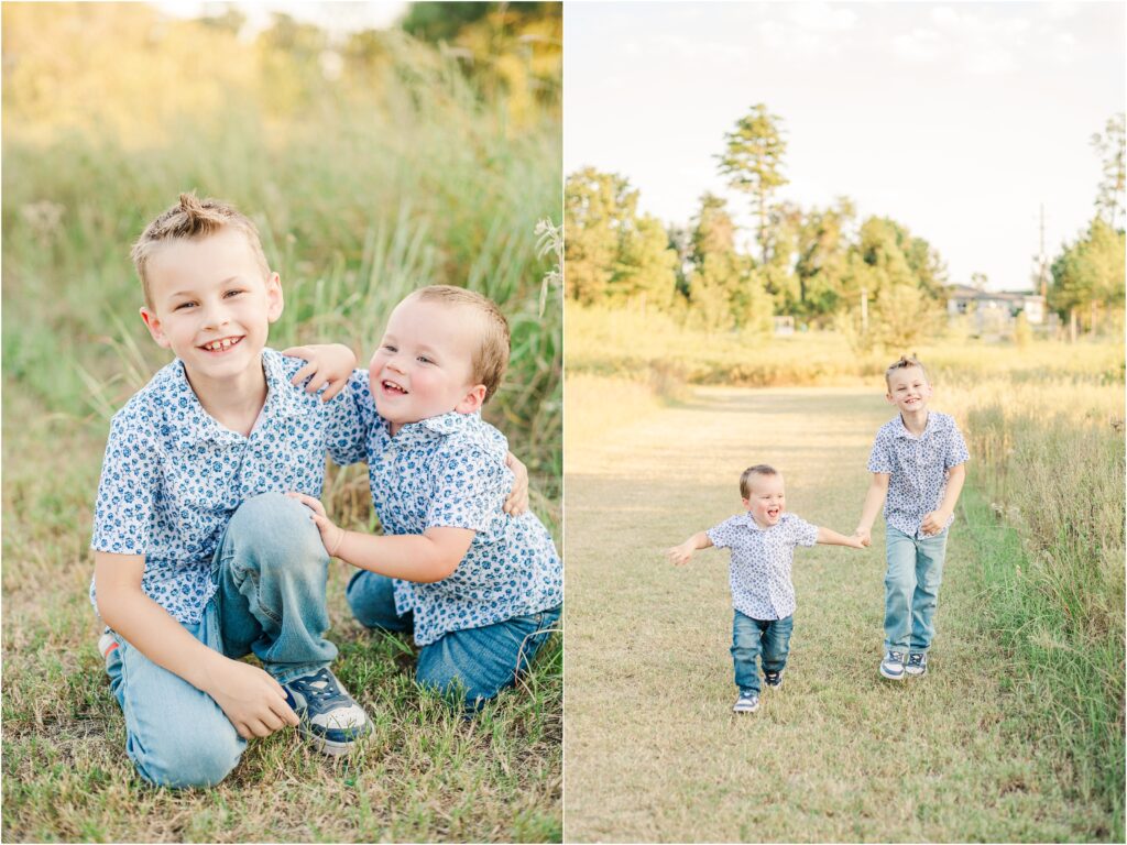 Happy boys playing during their family pictures in Jacksonville florida