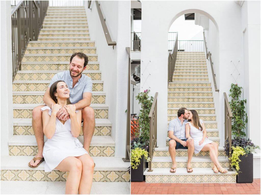 Engagement session sitting on yellow stairs in Neptune Beach