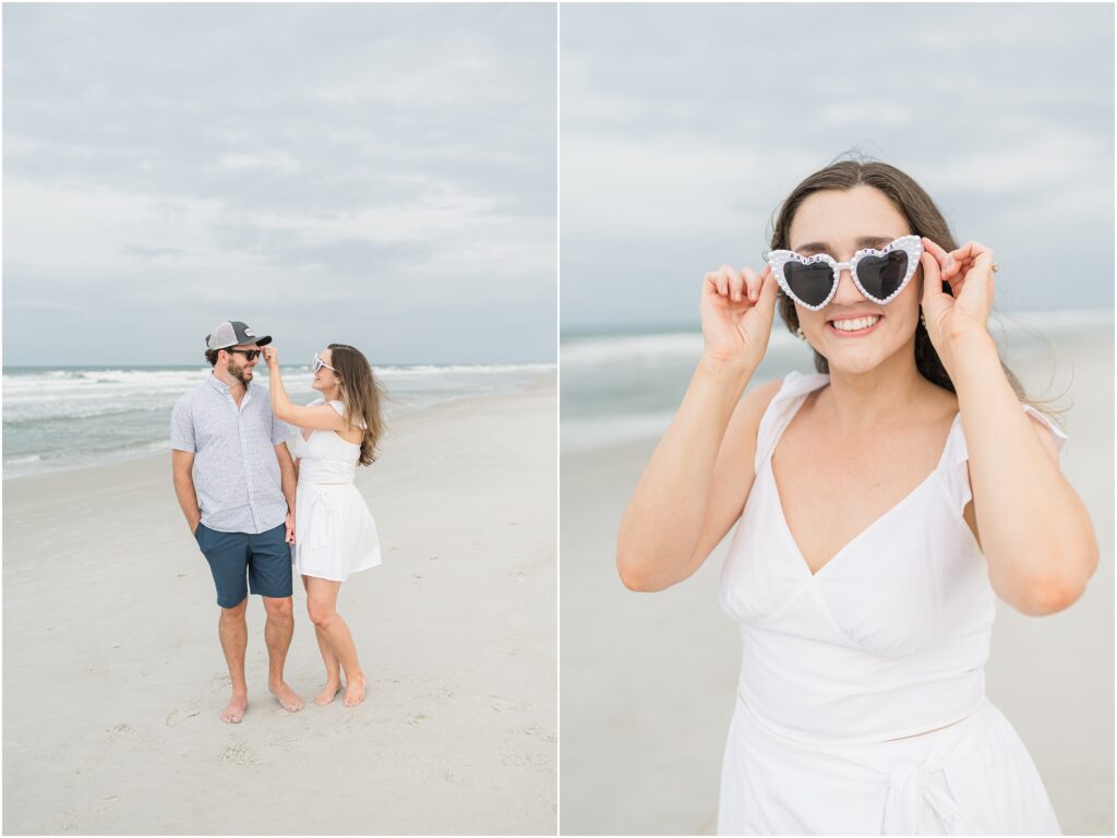 Cute couple in sunglasses at their engagement session in Atlantic beach florida