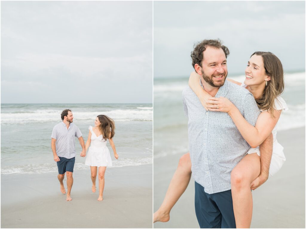 Piggy back ride at a Jacksonville beach engagement session