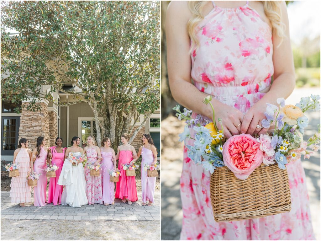 Bride and bridesmaids at St. Augustine golf course with spring pink flower baskets.