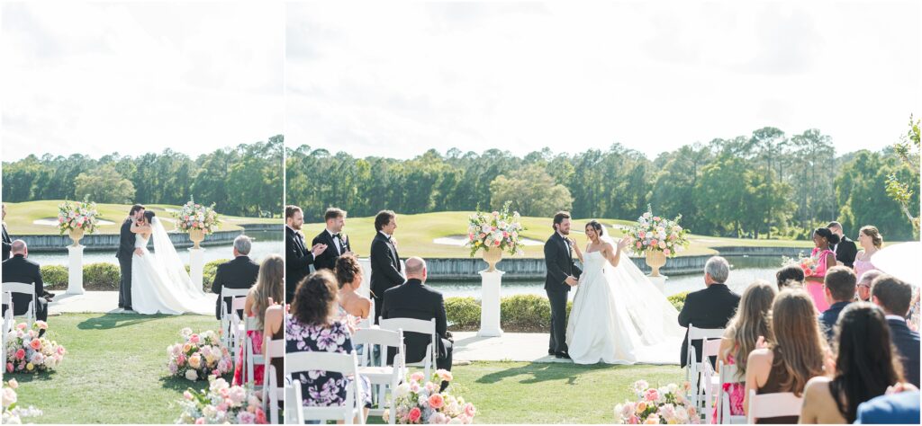 First kiss as husband and wife at St. Johns Golf & Country Club wedding ceremony